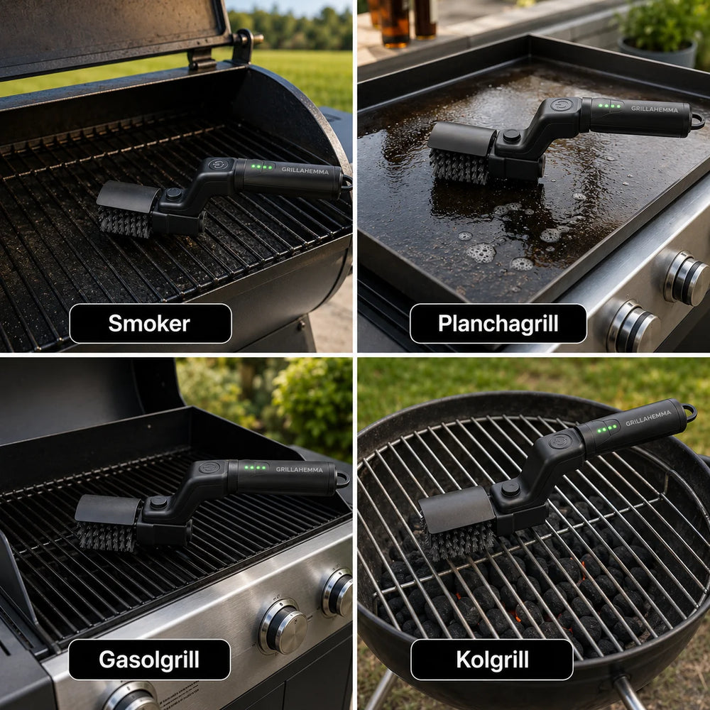 Fire forskellige typer grill med en grillbørste på hver, mærket 'Smoker', 'Planchagrill', 'Gasgrill' og 'Kulgrill'.