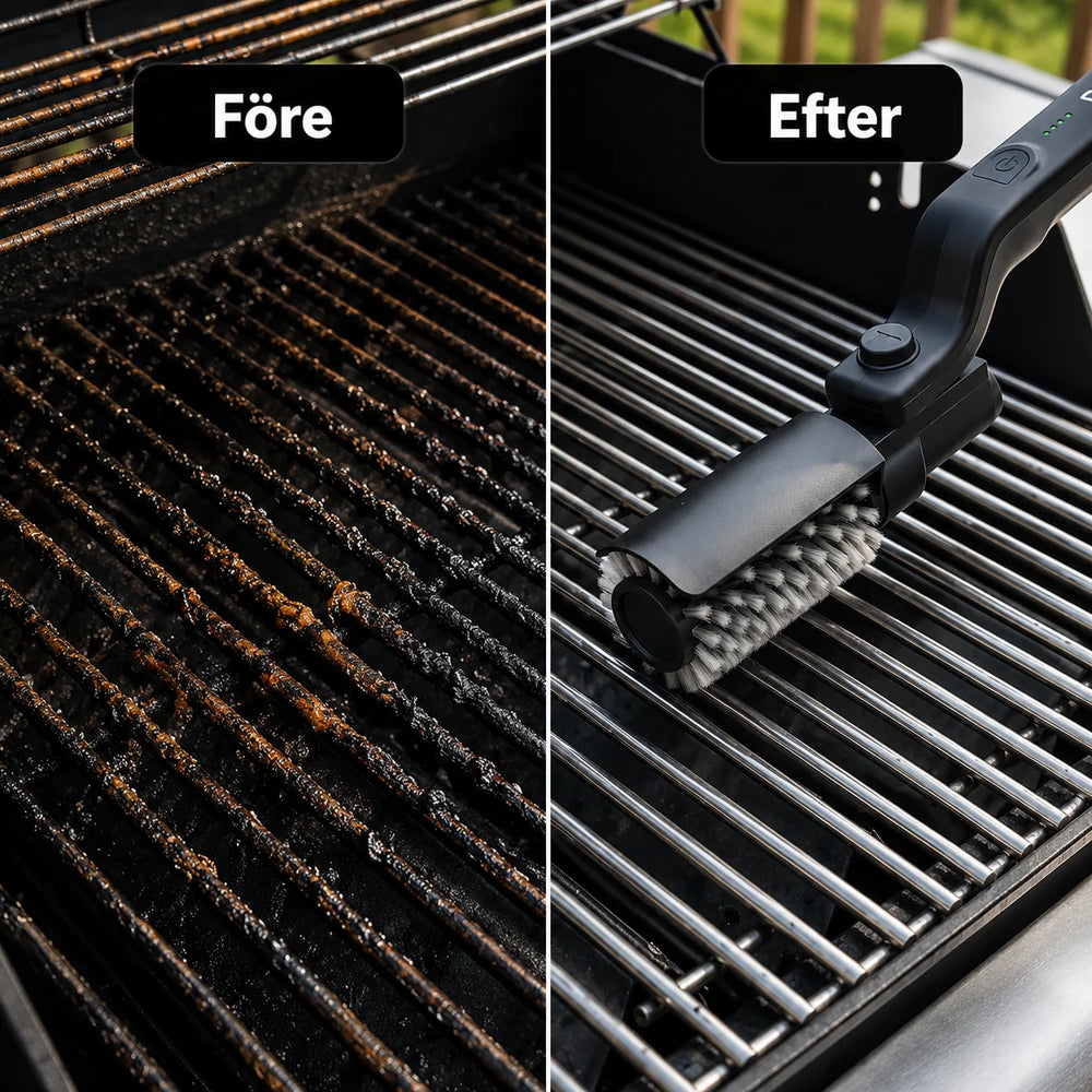 Før- og efter-sammenligning af en grill med GrillPro elektrisk rengøringsbørste, der viser fjernelse af snavs.